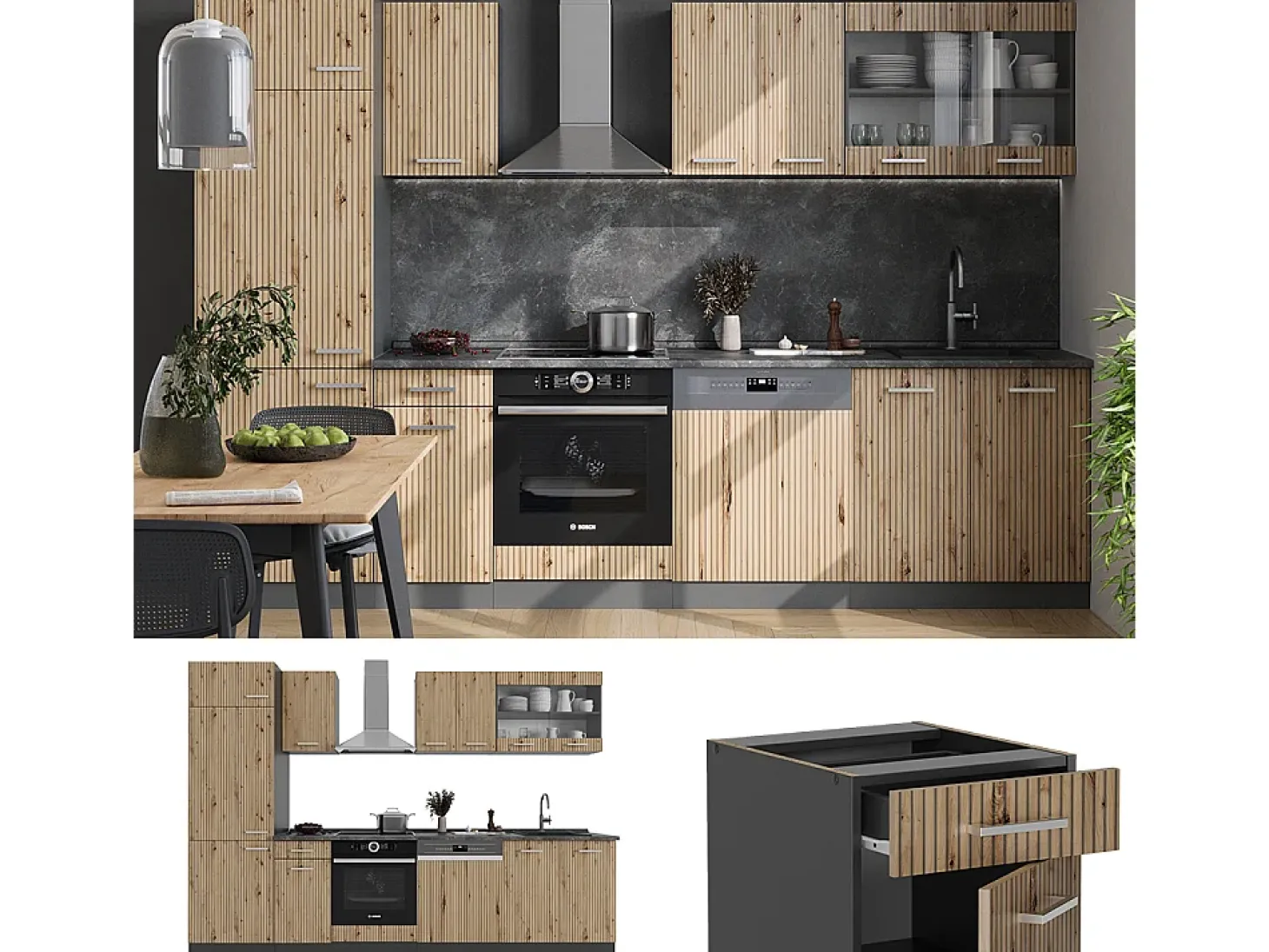 Mueble de cocina roble artesanal/antracita 300x46x81.6 r-line