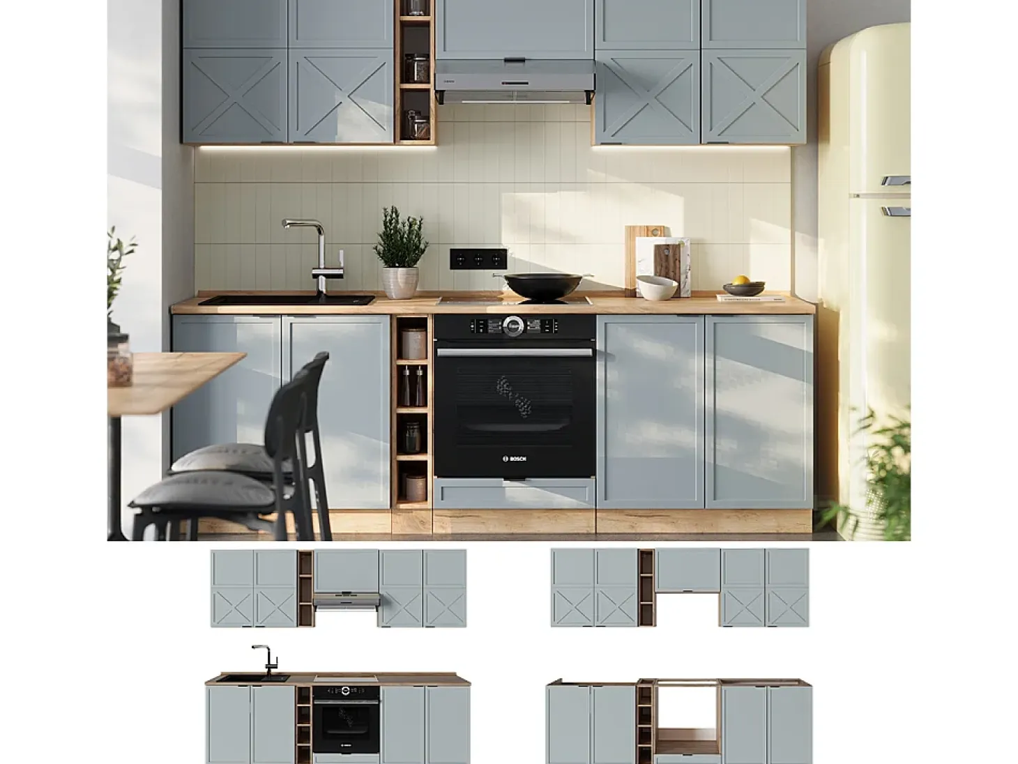 Mueble de cocina roble azul claro/gris dorado 235x60x81.6 fame-line