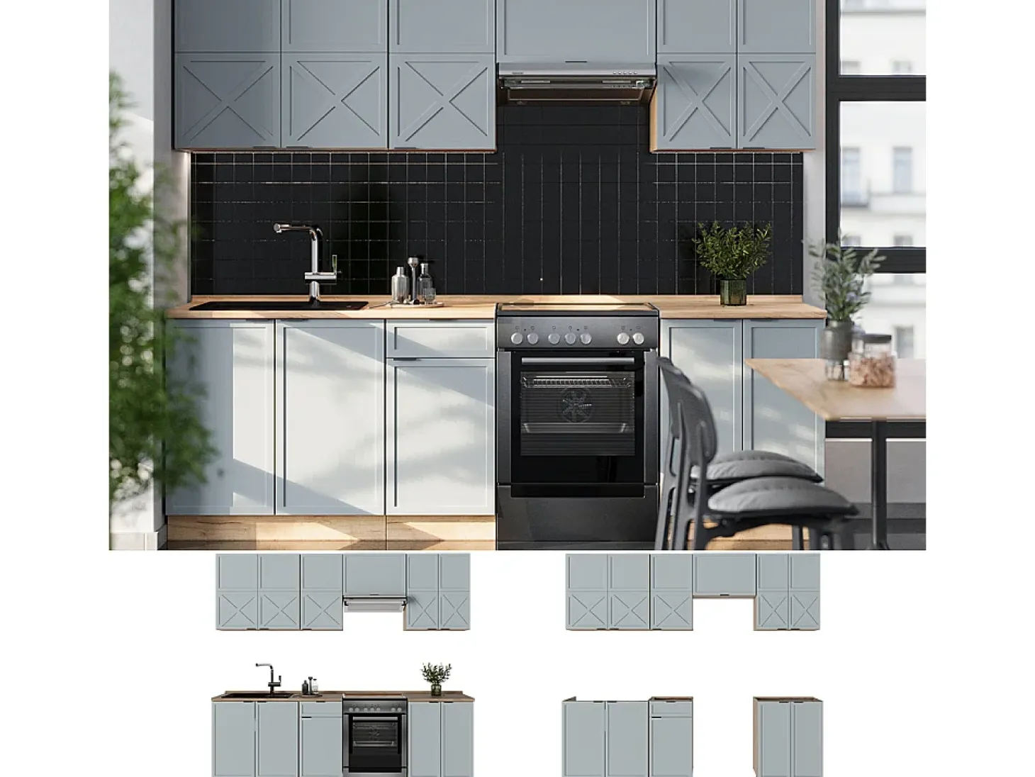 Mueble de cocina roble azul claro/gris dorado 240x60x81.6 fame-line