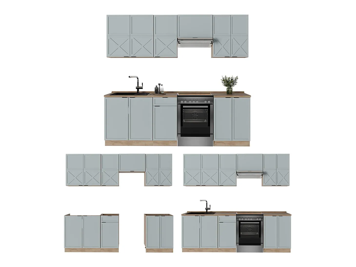 Mueble de cocina roble azul claro/gris dorado 240x60x81.6 fame-line