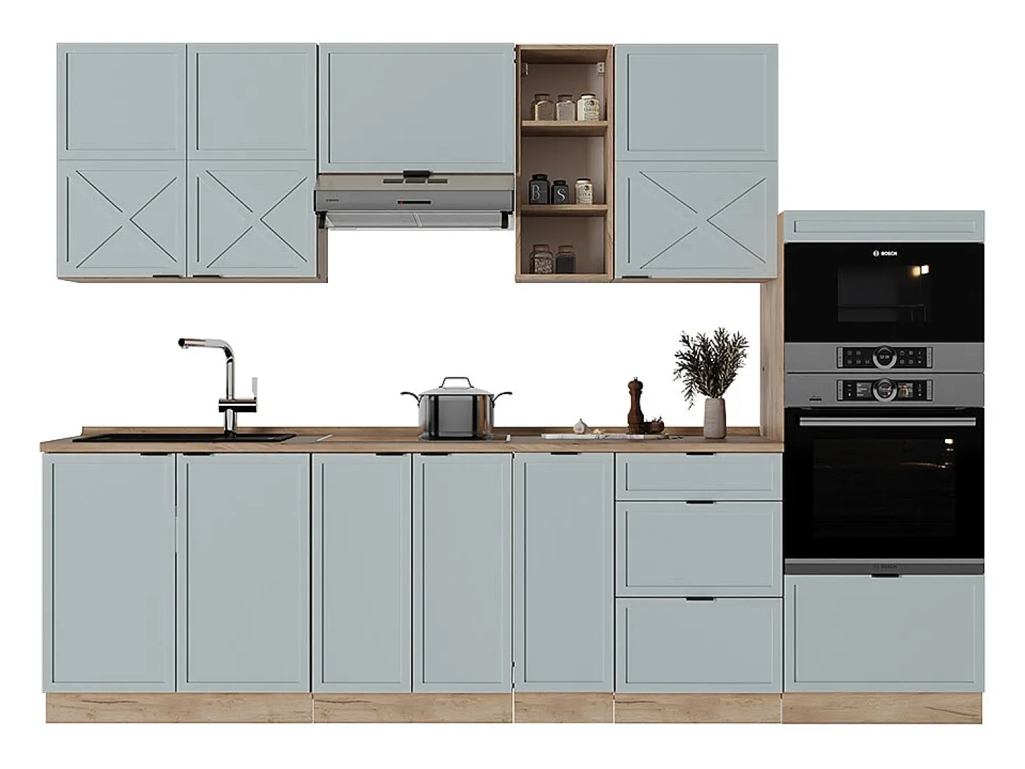 Mueble de cocina roble azul claro/gris dorado 280x60x81.6 fame-line