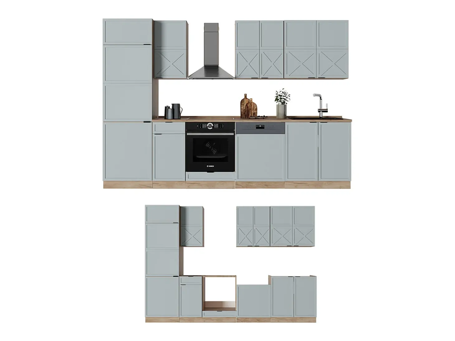 Mueble de cocina roble azul claro/gris dorado 300x60x81.6 fame-line