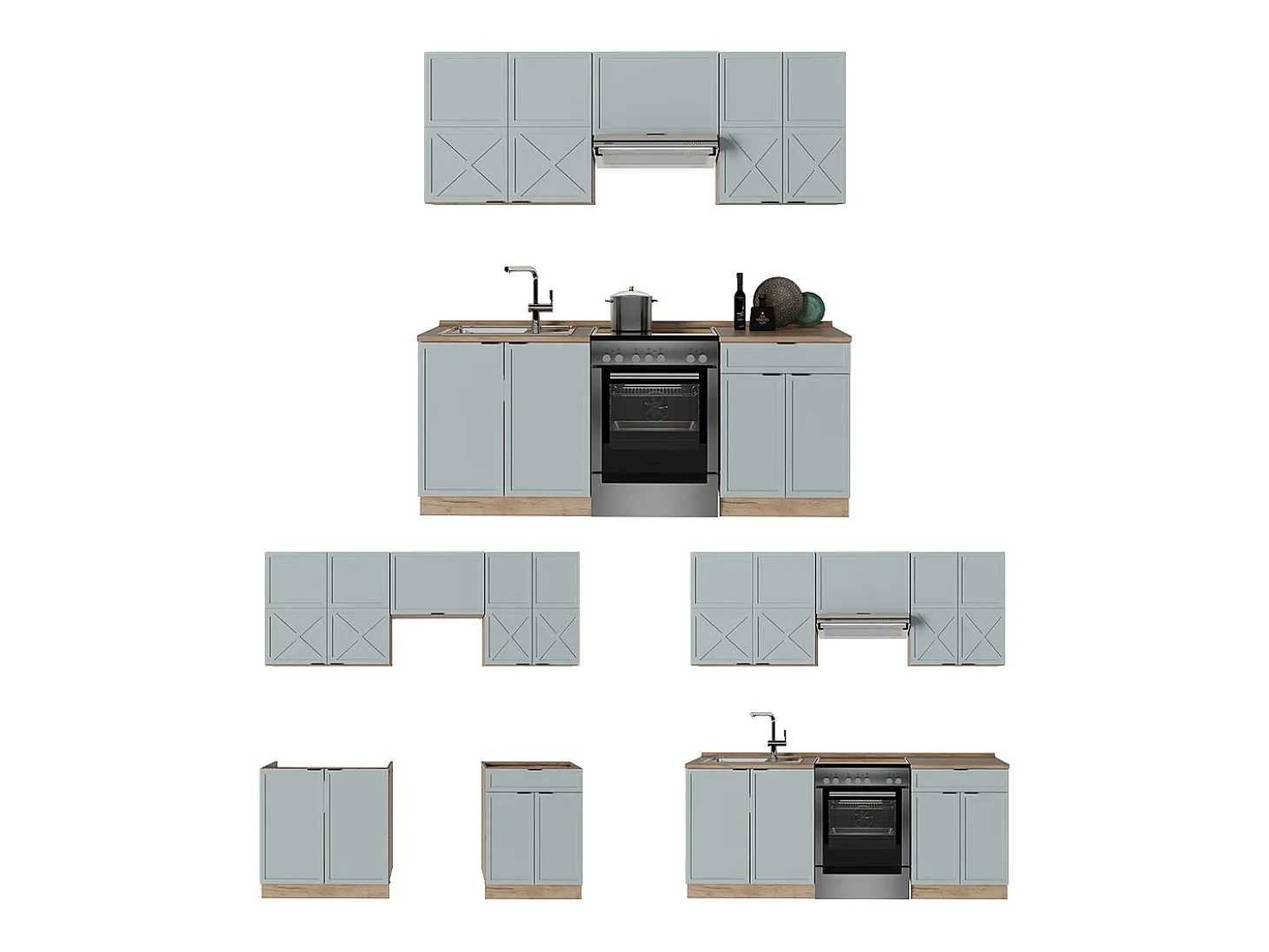 Mueble de cocina roble azul claro/gris dorado 200x60x81.6 fame-line
