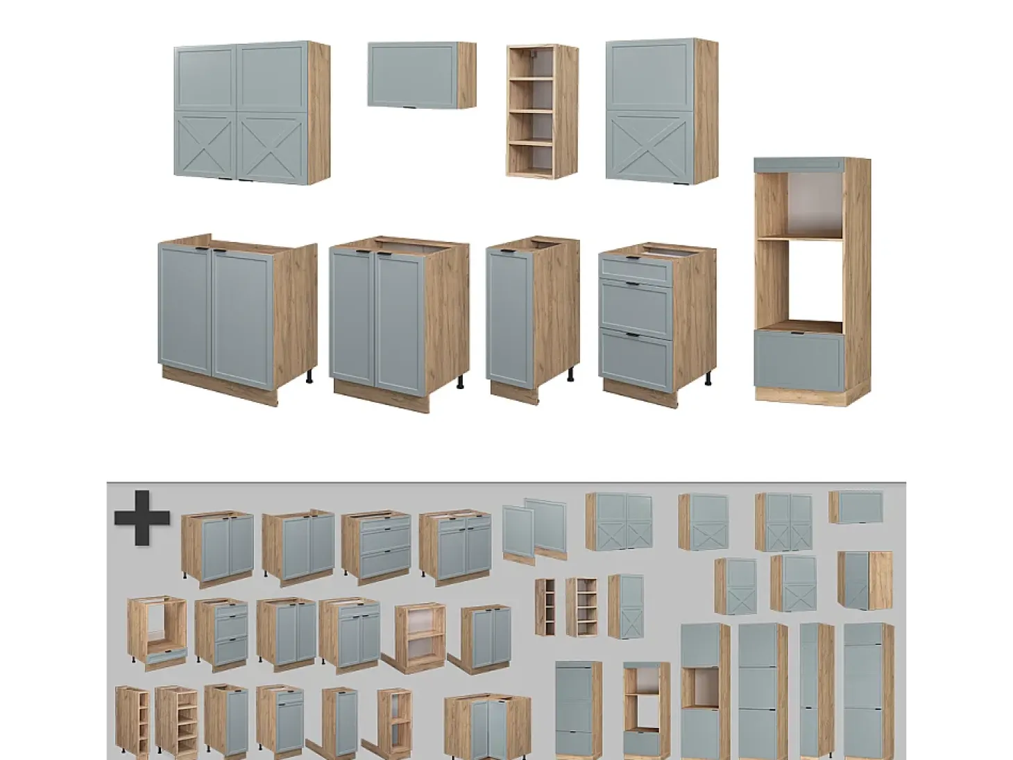 Mueble de cocina roble azul claro/gris dorado 280x60x81.6 fame-line