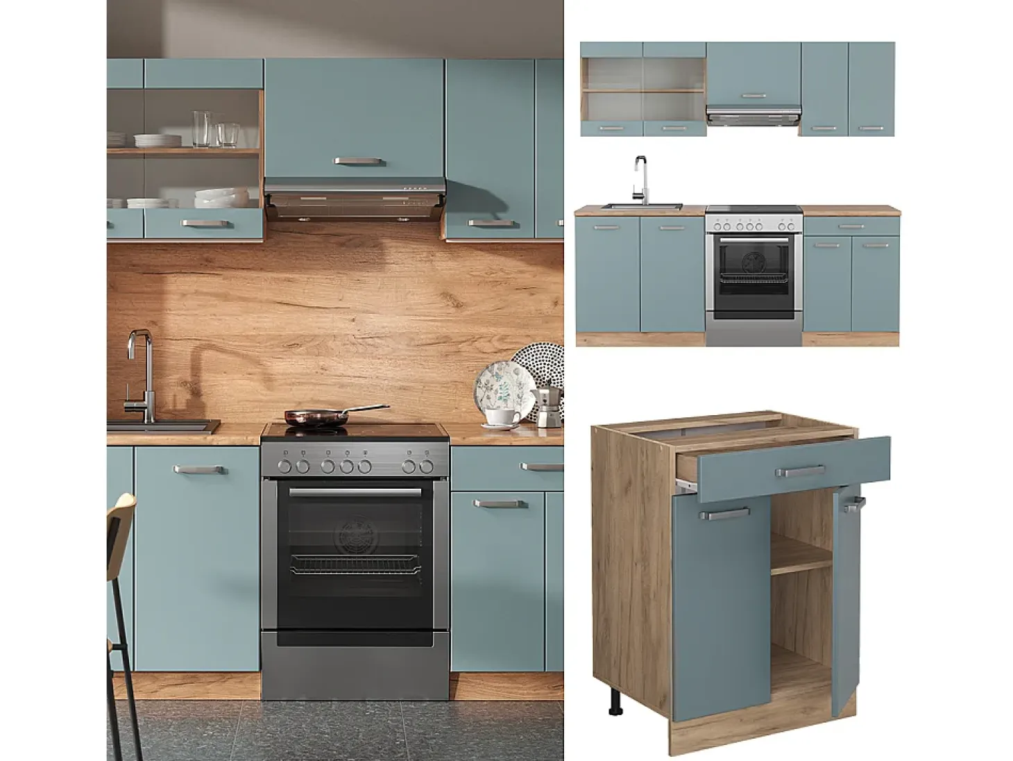 Mueble de cocina roble azul-gris-dorado 200x60x81.6 r-line