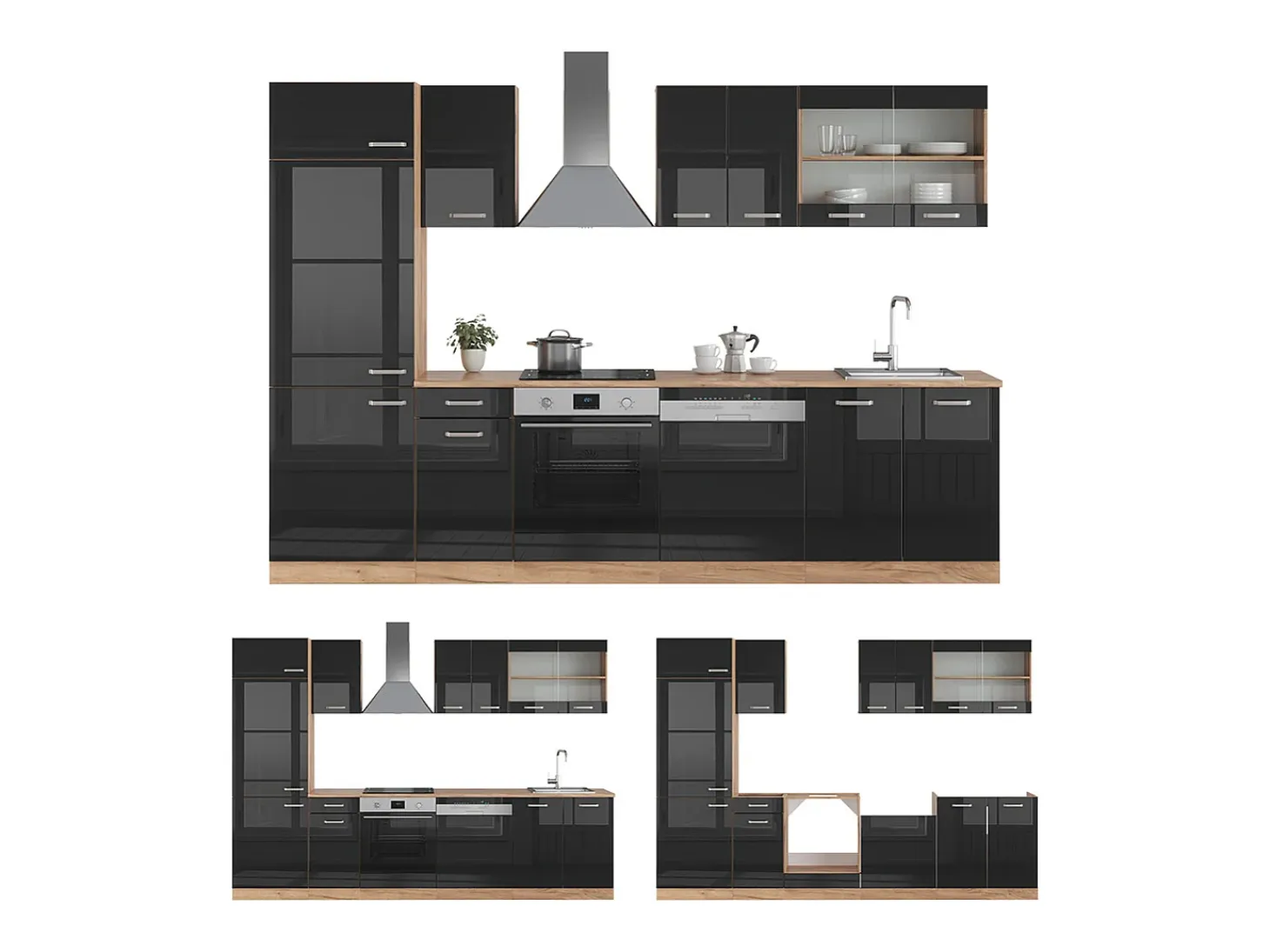 Mueble de cocina roble negro/dorado de alto brillo 300x60x81.6 r-line