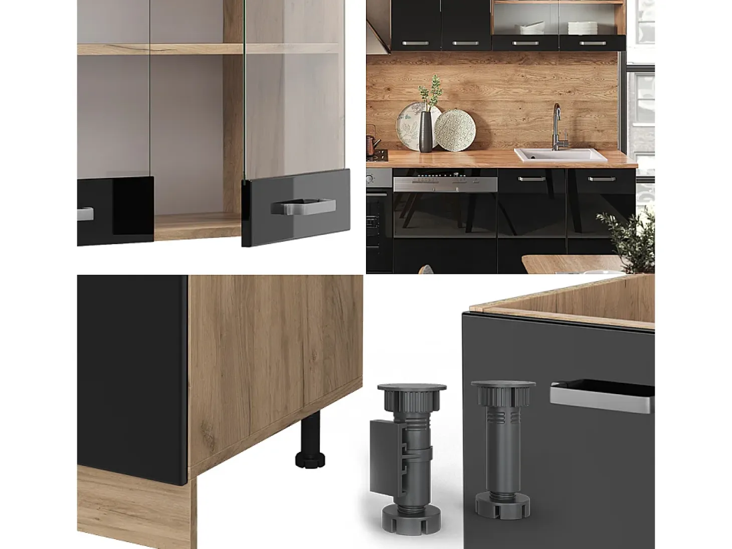 Mueble de cocina roble negro/dorado de alto brillo 300x60x81.6 r-line