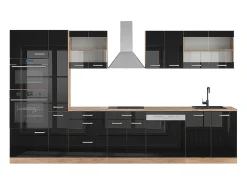 Mueble de cocina roble negro/dorado de alto brillo 350x60x81.6 r-line
