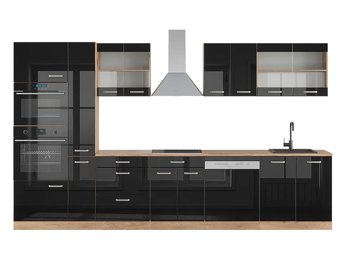 Mueble de cocina roble negro/dorado de alto brillo 350x60x81.6 r-line