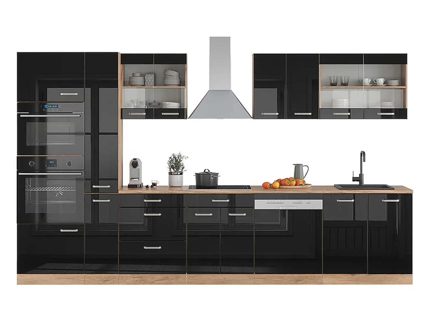 Mueble de cocina roble negro/dorado de alto brillo 350x60x81.6 r-line