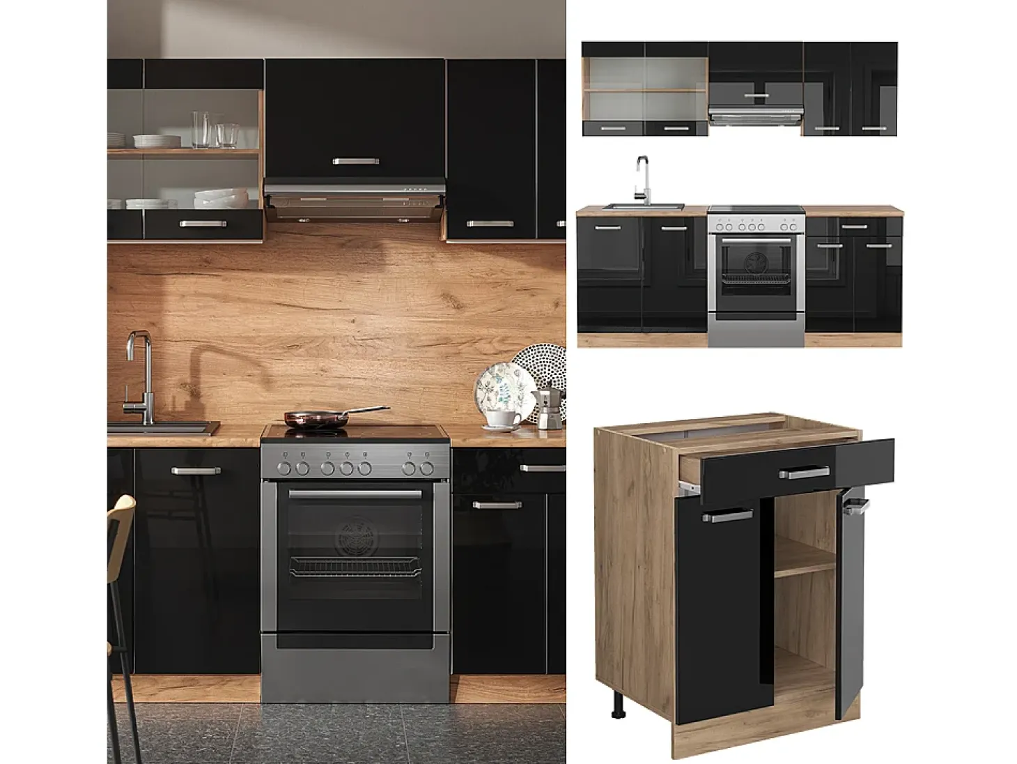 Mueble de cocina roble negro/dorado de alto brillo 200x60x81.6 r-line