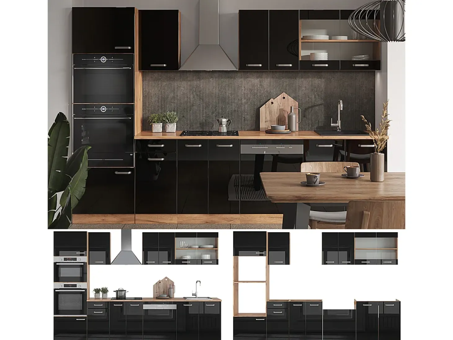 Mueble de cocina roble negro/dorado de alto brillo 300x60x81.6 r-line