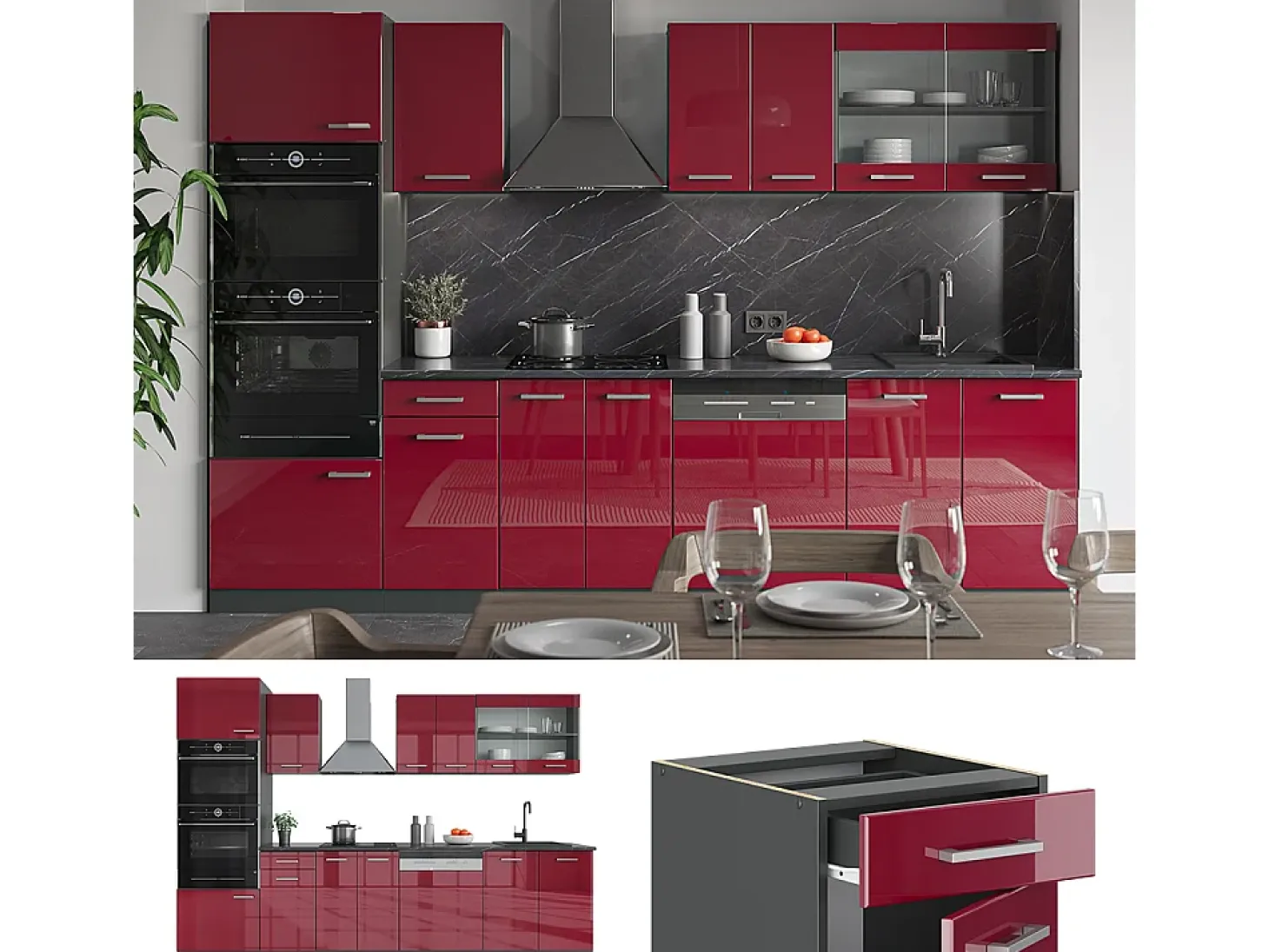 Mueble de cocina rojo brillo intenso/antracita 300x46x81.6 r-line