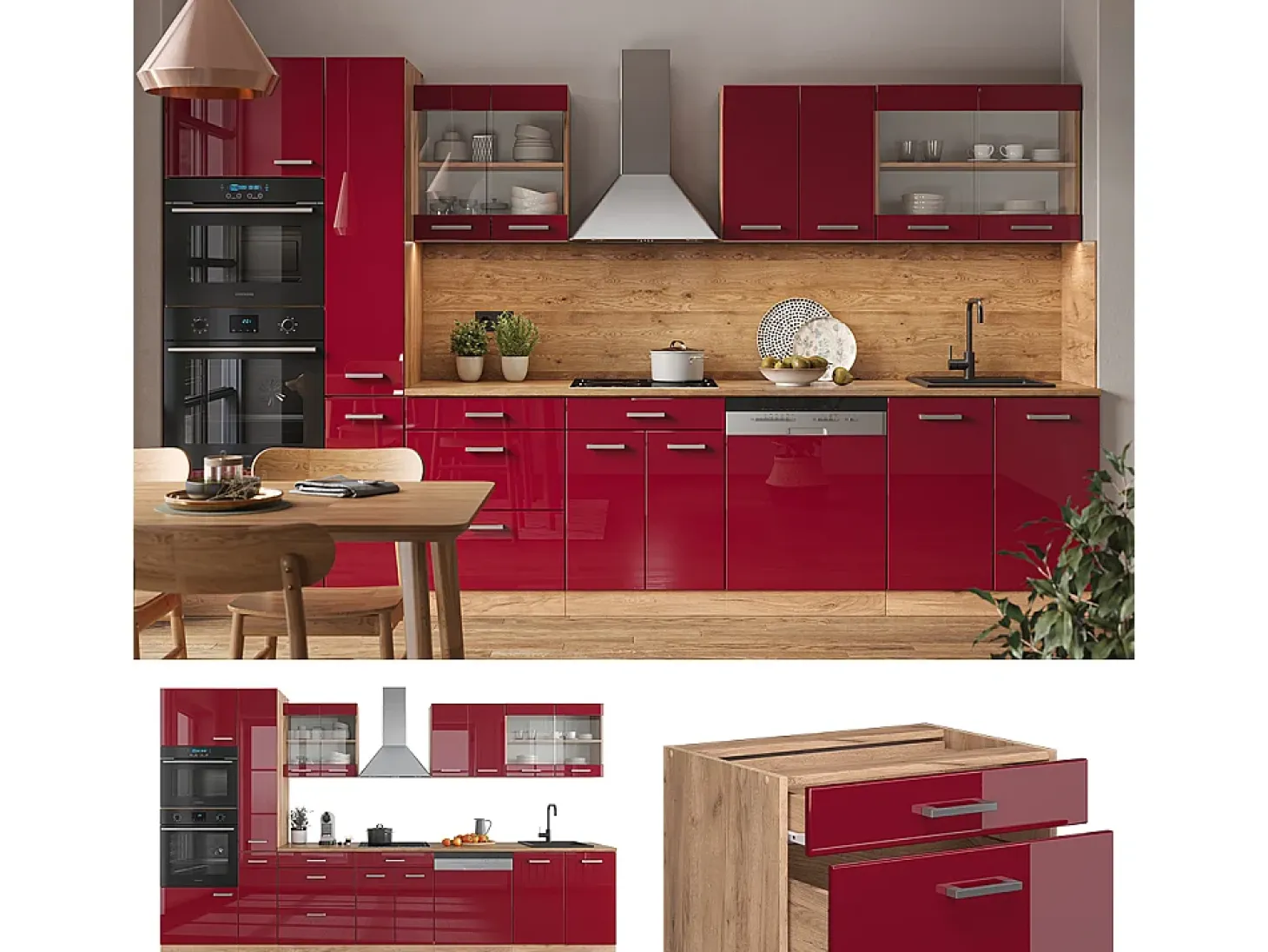 Mueble de cocina rojo brillo intenso/roble dorado 350x46x81.6 r-line