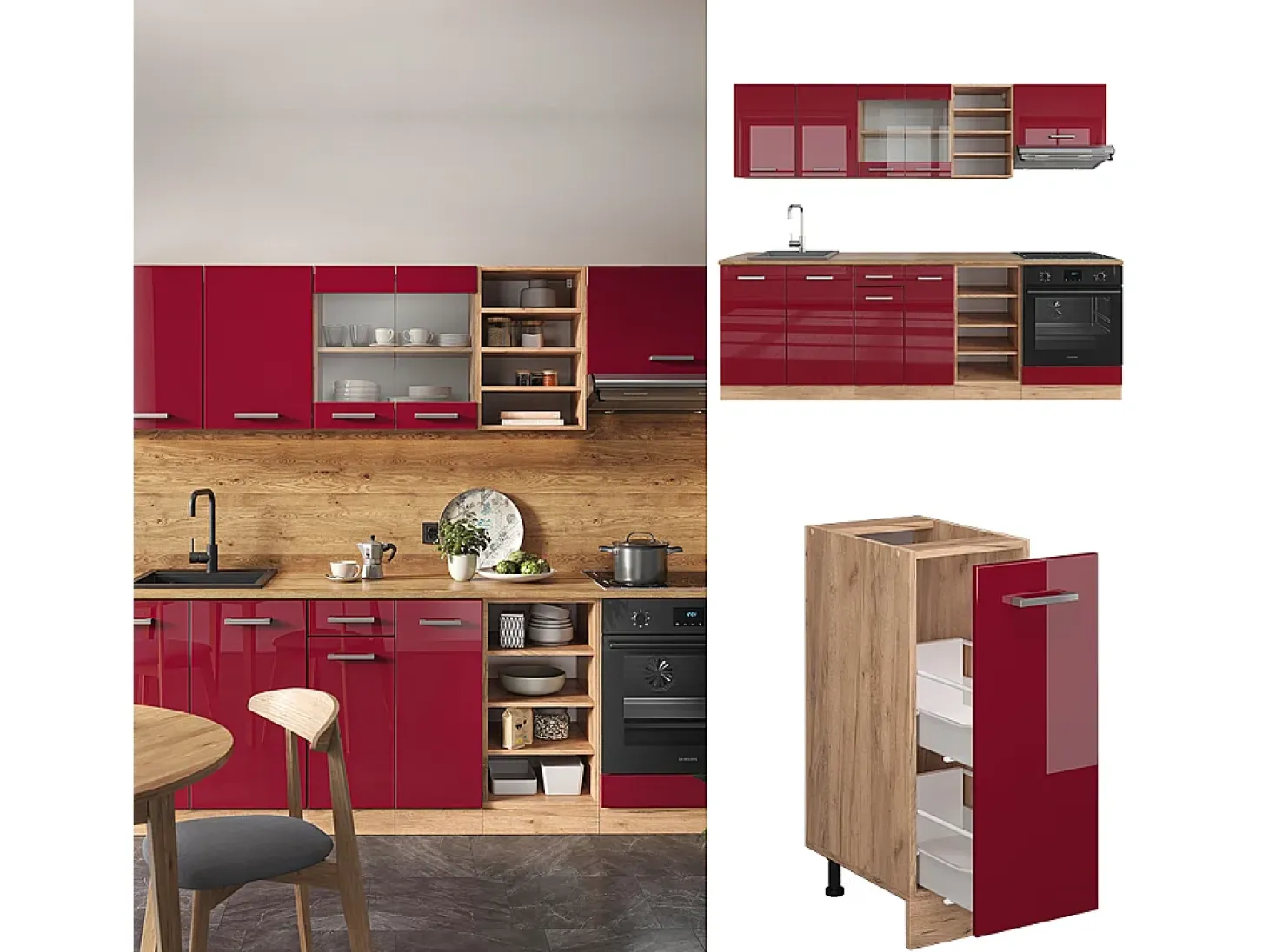 Mueble de cocina rojo brillo intenso/roble dorado 240x60x81.6 r-line