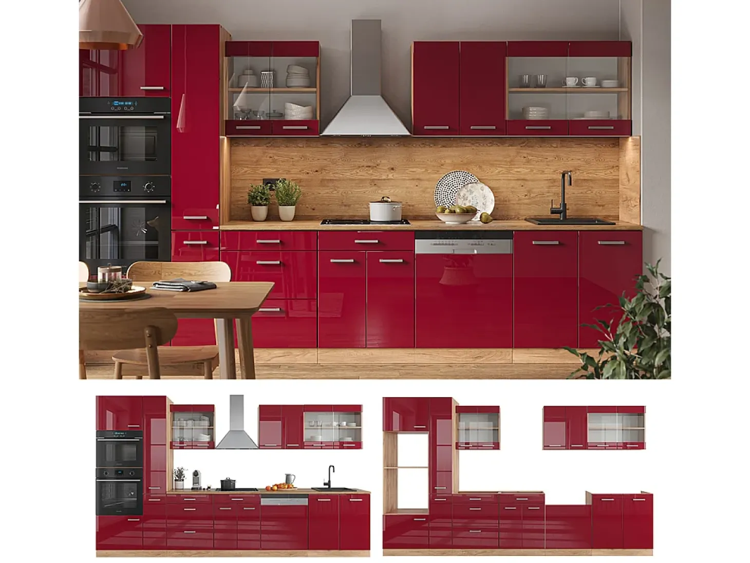 Mueble de cocina rojo brillo intenso/roble dorado 350x60x81.6 r-line