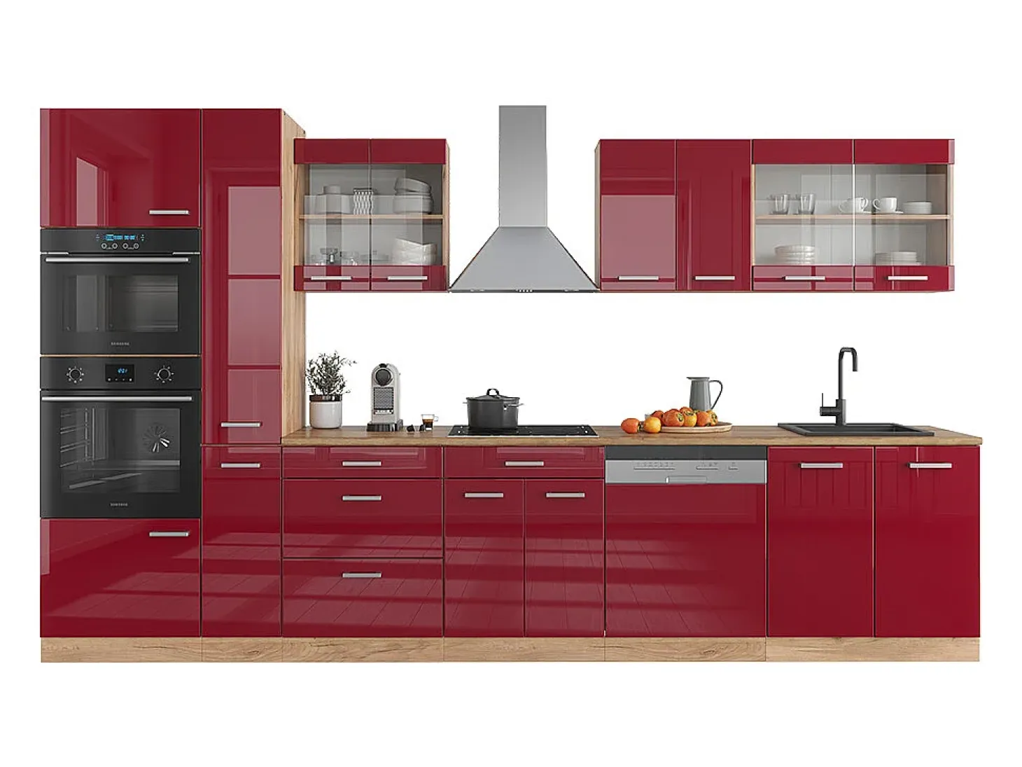 Mueble de cocina rojo brillo intenso/roble dorado 350x60x81.6 r-line