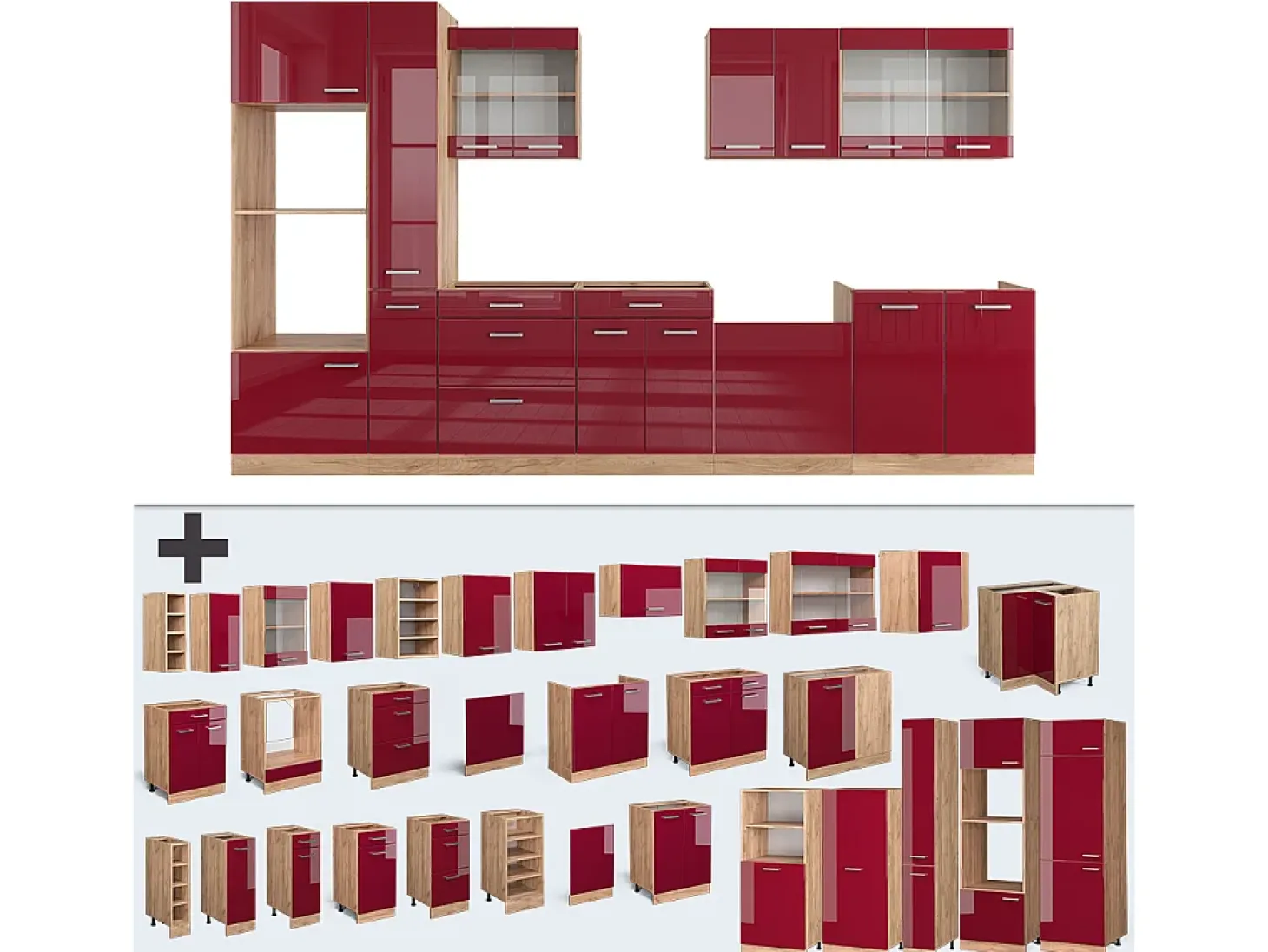 Mueble de cocina rojo brillo intenso/roble dorado 350x60x81.6 r-line