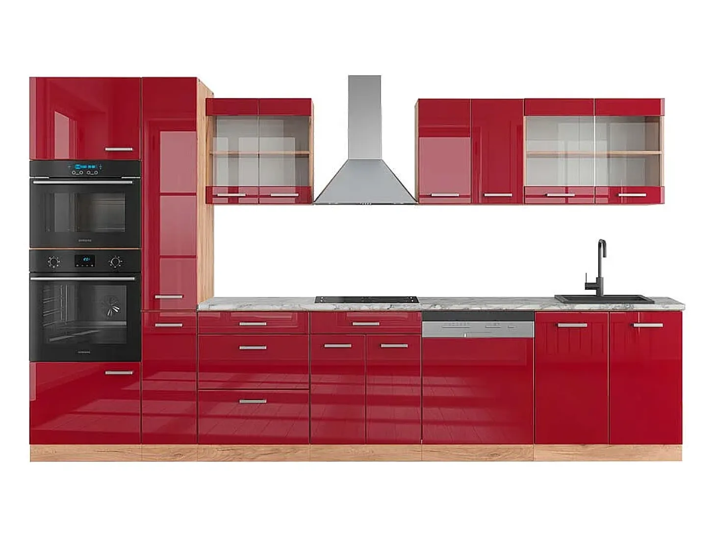 Mueble de cocina rojo brillo intenso/roble dorado 350x60x81.6 r-line