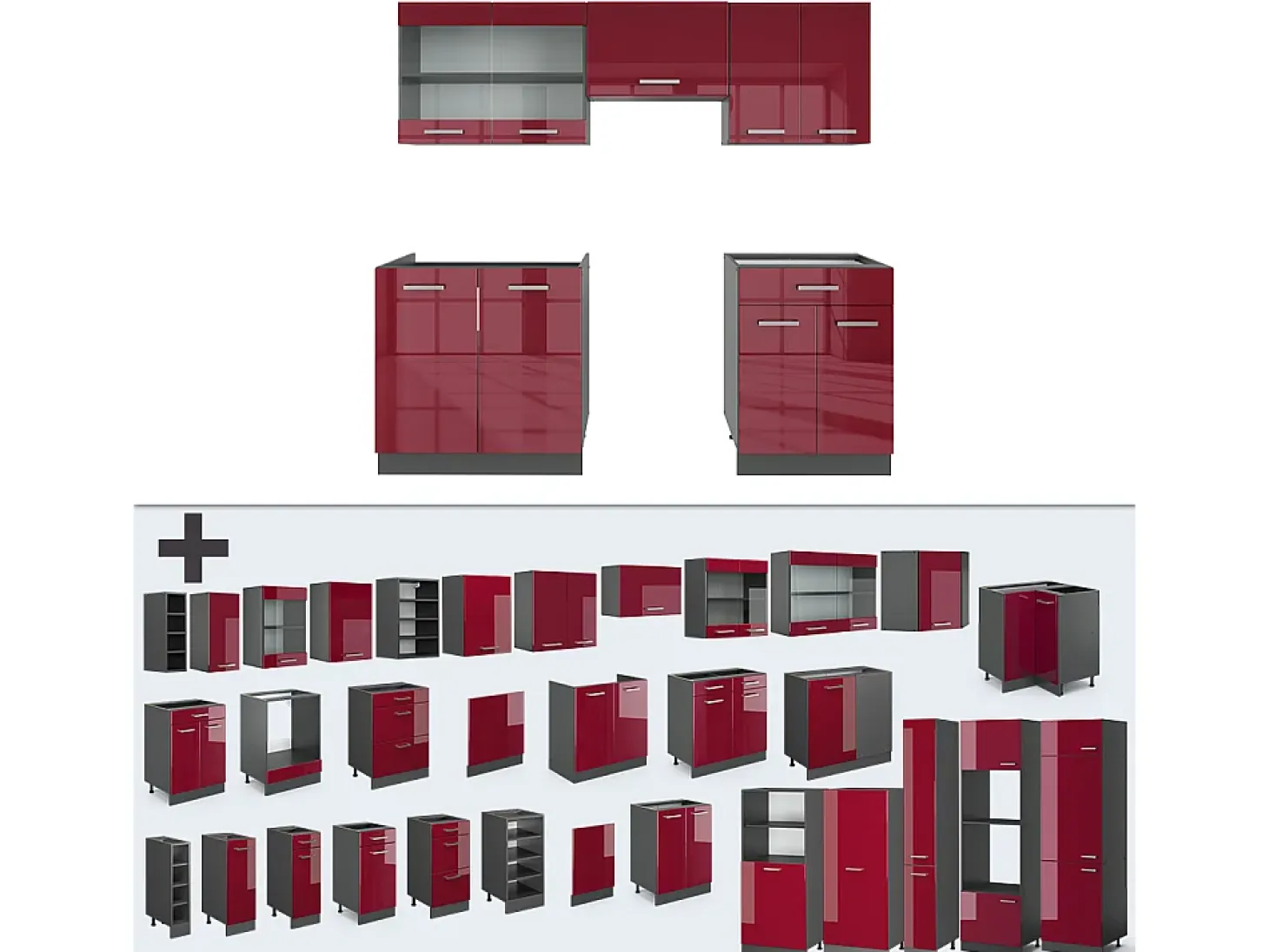 Mueble de cocina rojo brillo intenso/antracita 200x46x81.6 r-line