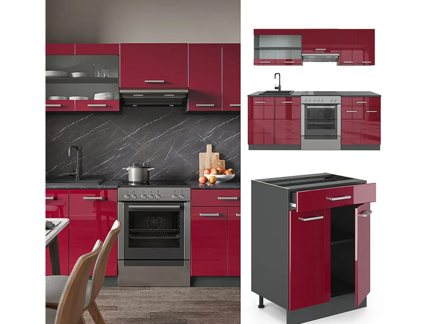 Mueble de cocina rojo brillo intenso/antracita 200x60x81.6 r-line