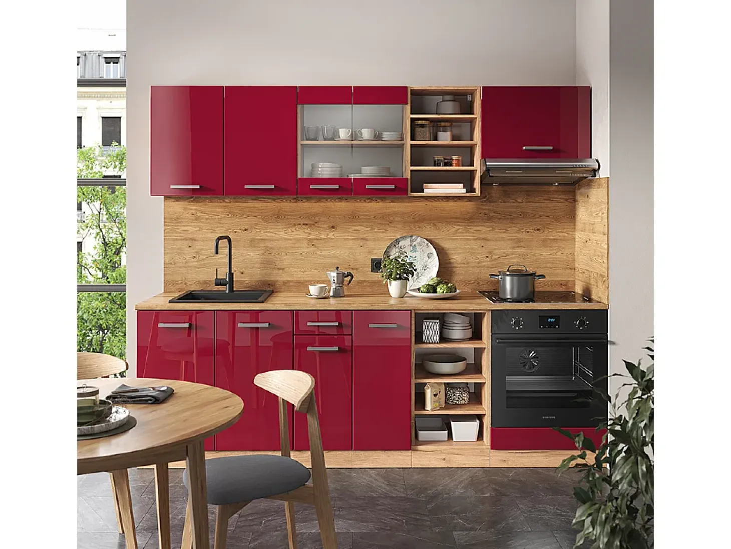 Mueble de cocina rojo brillo intenso/roble dorado 240x60x81.6 r-line