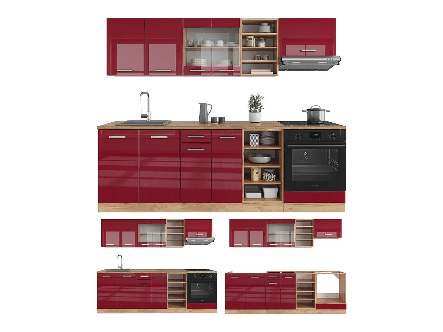 Mueble de cocina rojo brillo intenso/roble dorado 240x60x81.6 r-line