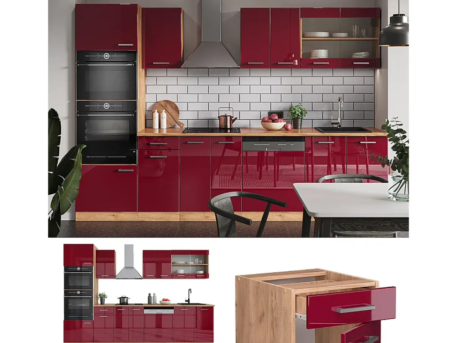 Mueble de cocina rojo brillo intenso/roble dorado 300x60x81.6 r-line