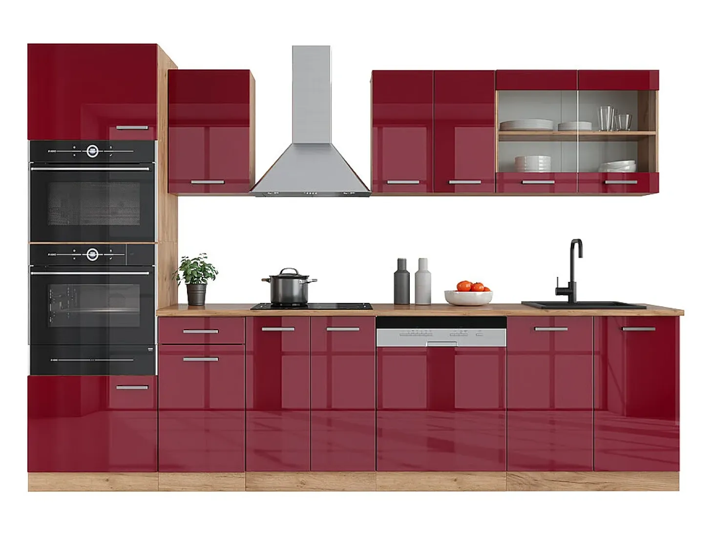 Mueble de cocina rojo brillo intenso/roble dorado 300x60x81.6 r-line