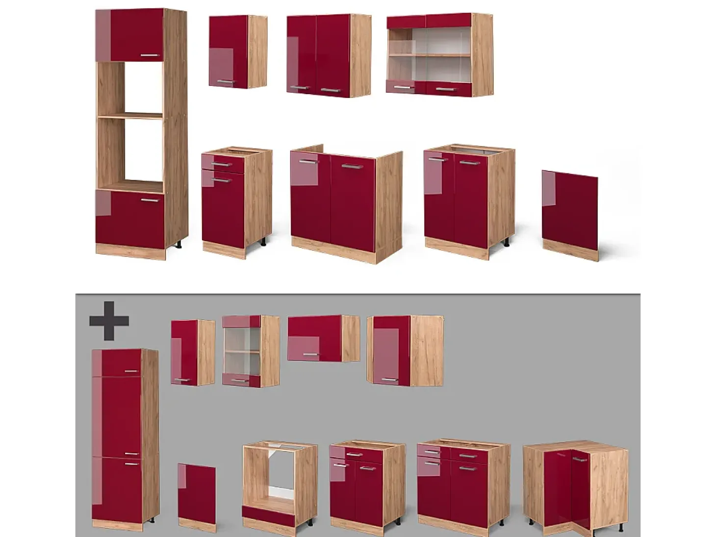 Mueble de cocina rojo brillo intenso/roble dorado 300x60x81.6 r-line