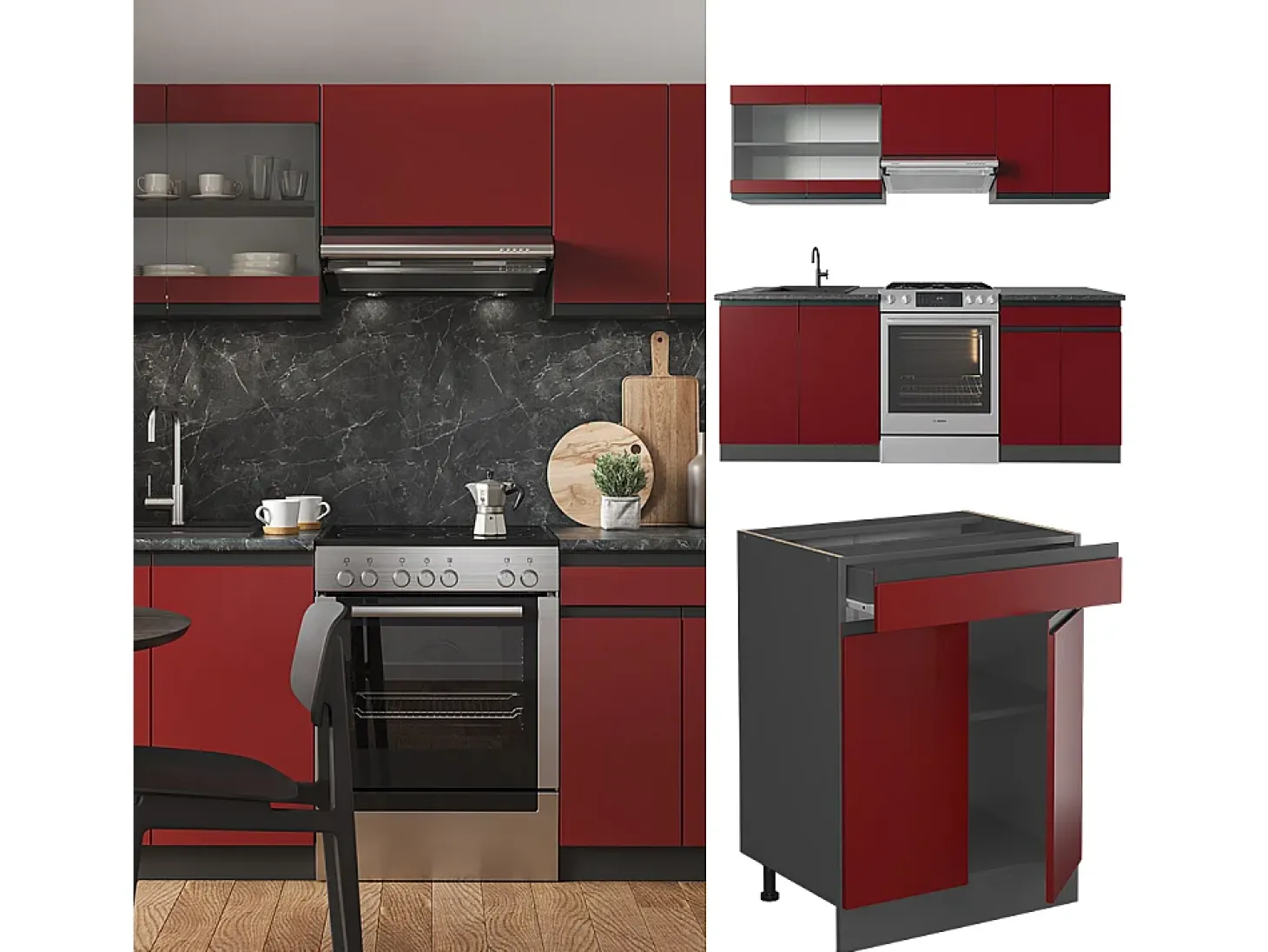 Mueble de cocina rojo/antracita 200x60x81.6 r-line