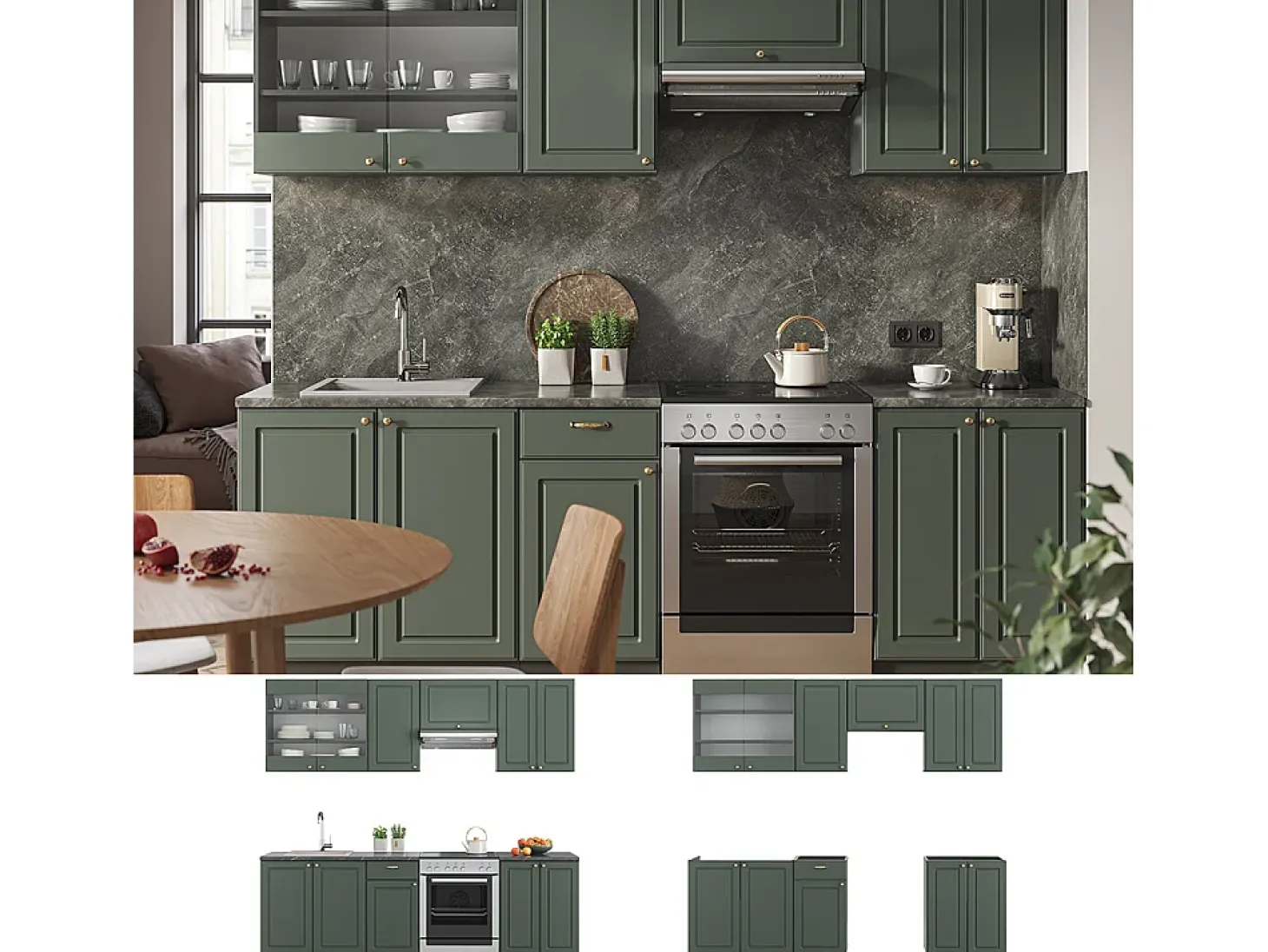 Mueble de cocina verde-dorado casa de campo/antracita 240x46x81.6 fame-line