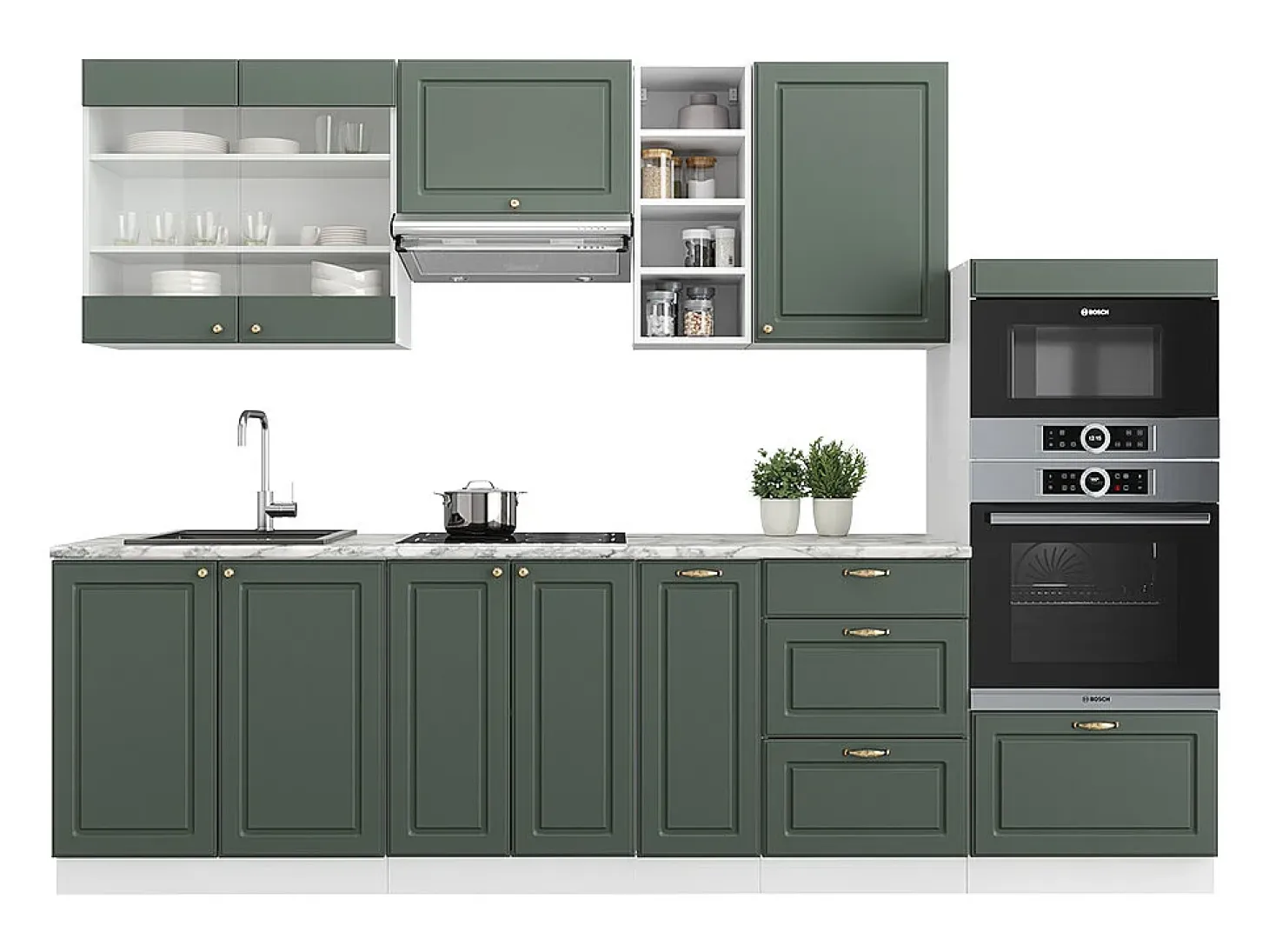 Mueble de cocina verde-dorado casa de campo/blanco 280x60x81.6 fame-line