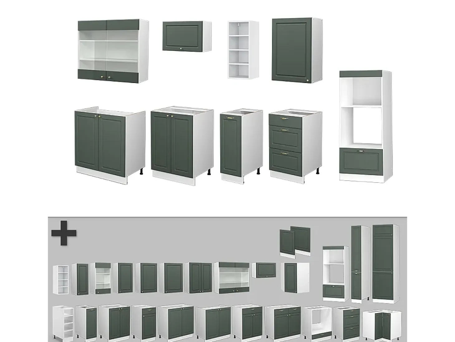 Mueble de cocina verde-dorado casa de campo/blanco 280x60x81.6 fame-line