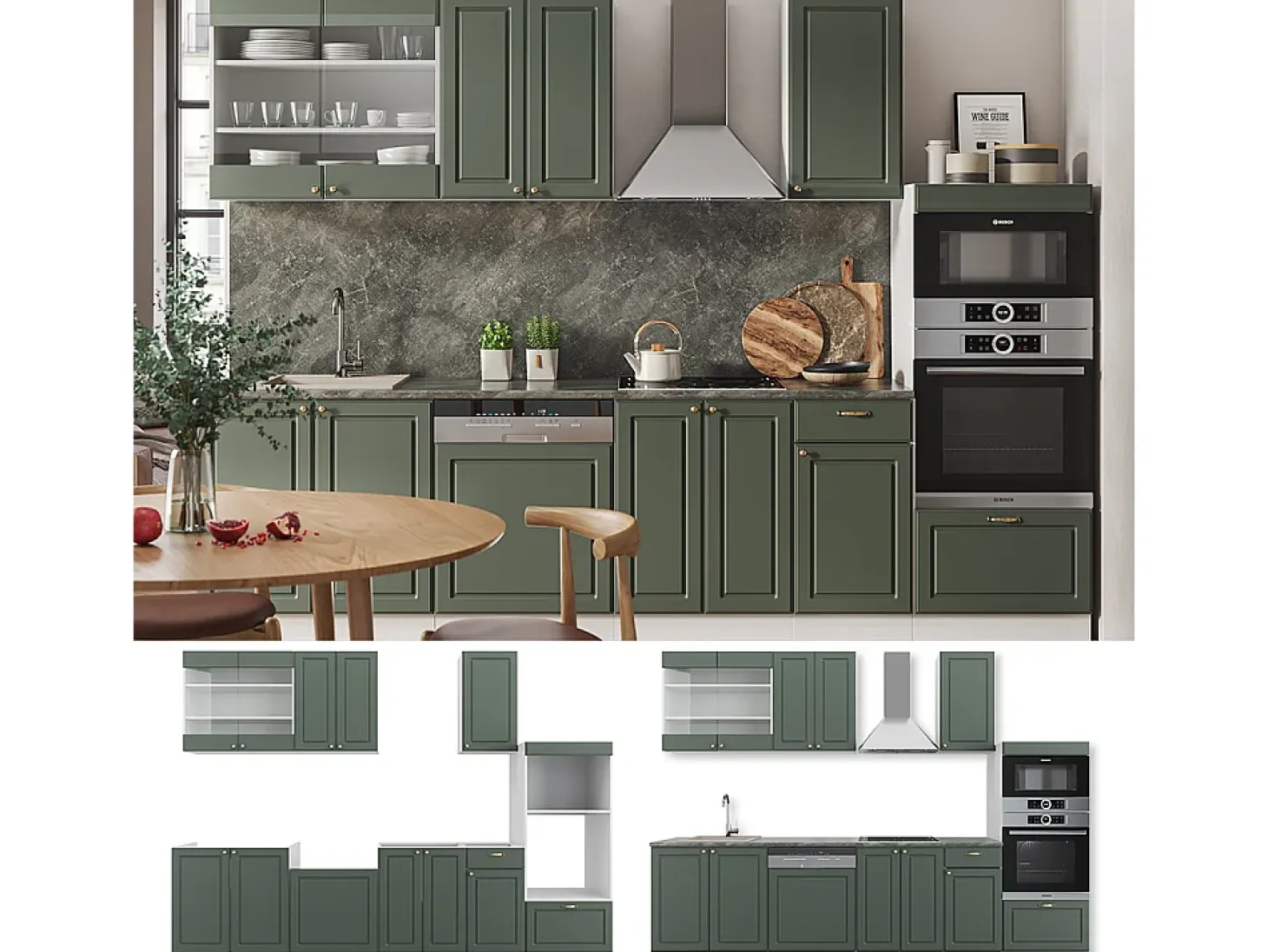 Mueble de cocina verde-dorado casa de campo/blanco 300x60x81.6 fame-line