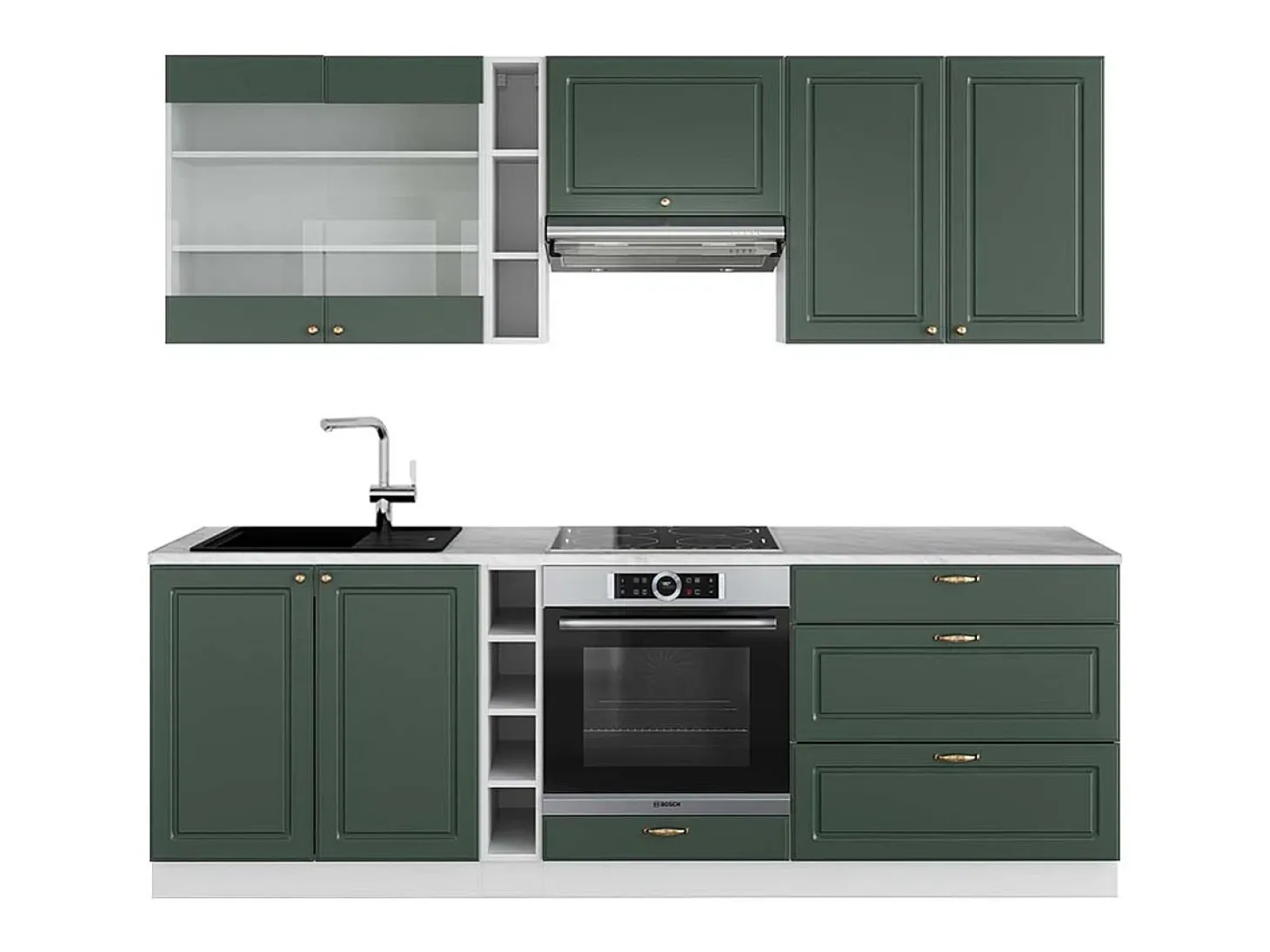 Mueble de cocina verde-dorado casa de campo/blanco 235x60x81.6 fame-line