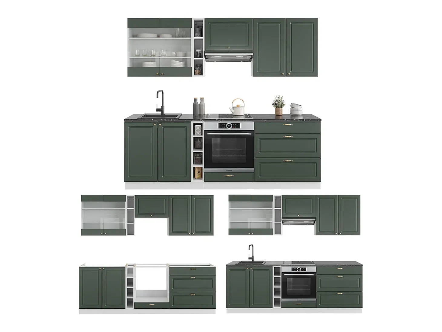 Mueble de cocina verde-dorado casa de campo/blanco 235x60x81.6 fame-line