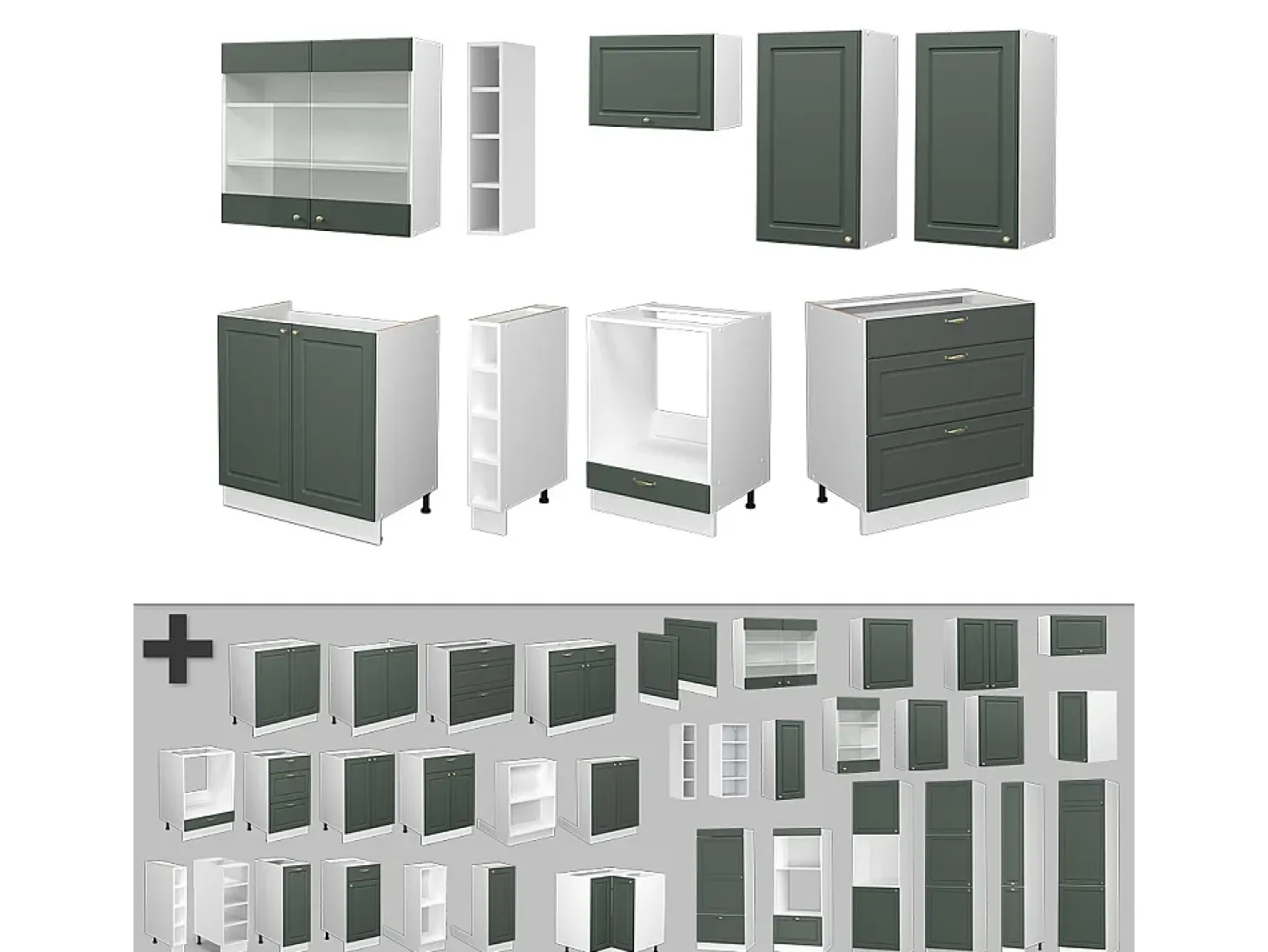 Mueble de cocina verde-dorado casa de campo/blanco 235x60x81.6 fame-line