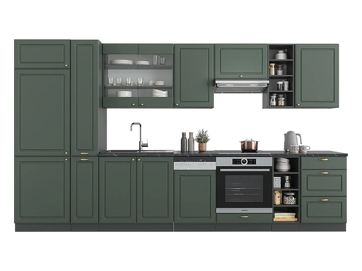 Mueble de cocina verde-dorado casa de campo/antracita 355x60x81.6 fame-line