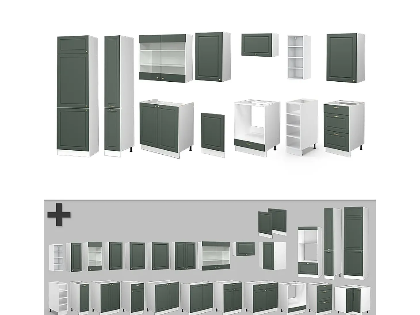 Mueble de cocina verde-dorado casa de campo/blanco 355x60x81.6 fame-line