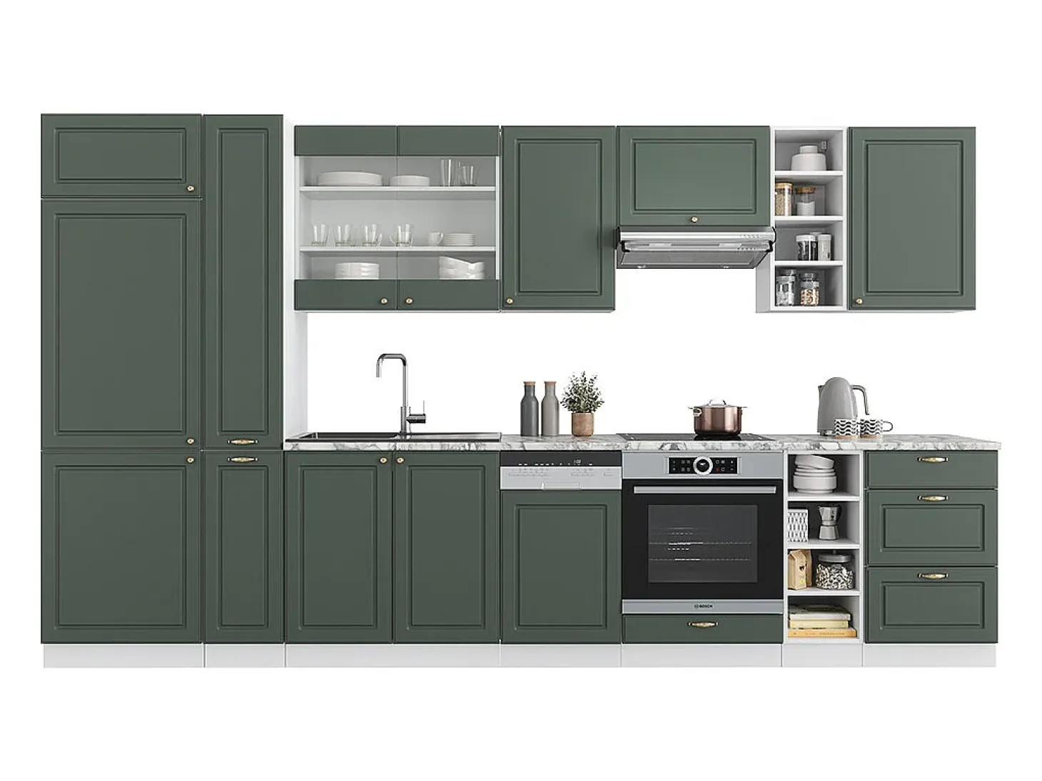 Mueble de cocina verde-dorado casa de campo/blanco 355x60x81.6 fame-line