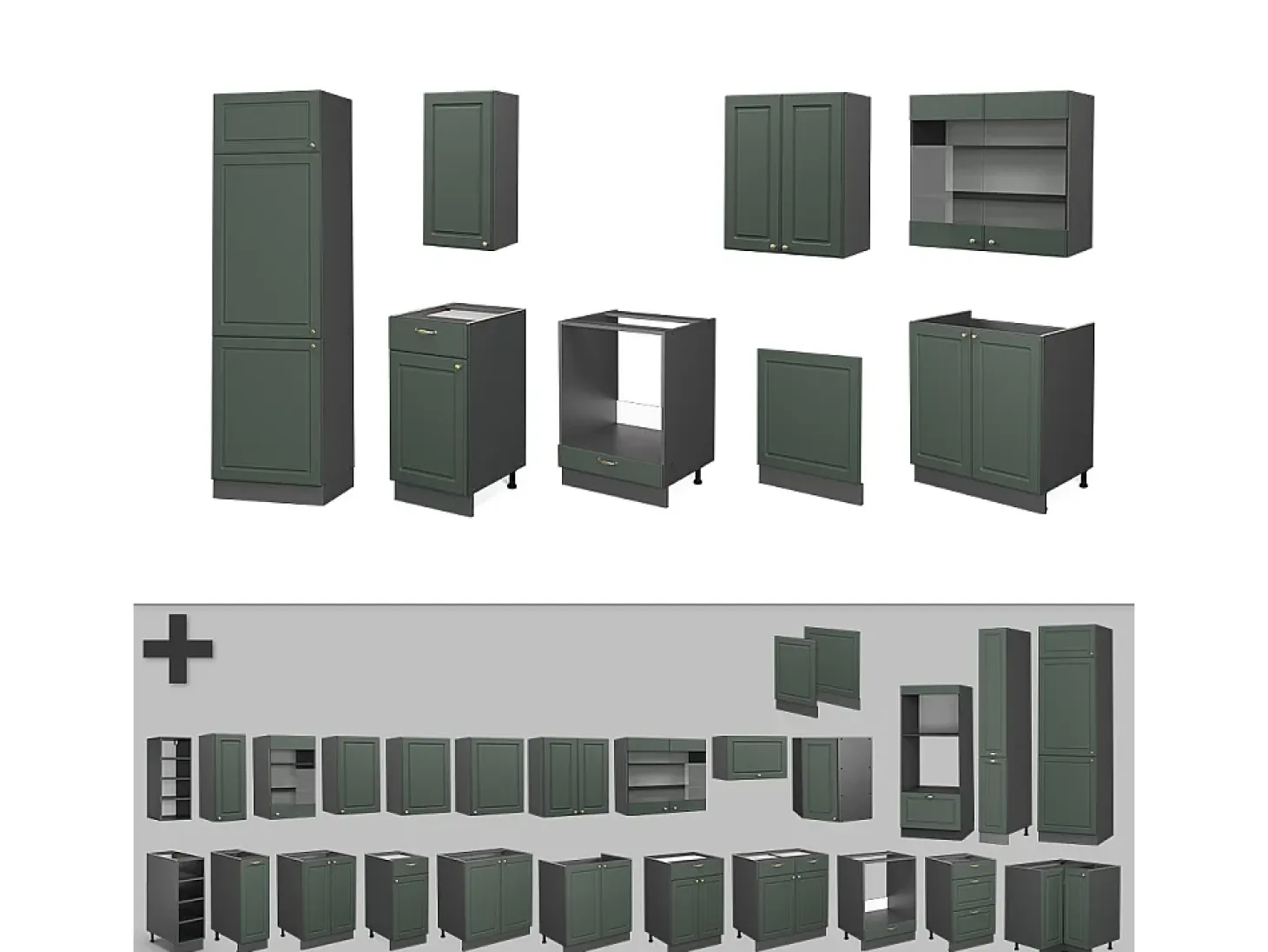 Mueble de cocina verde-dorado casa de campo/antracita 300x60x81.6 fame-line