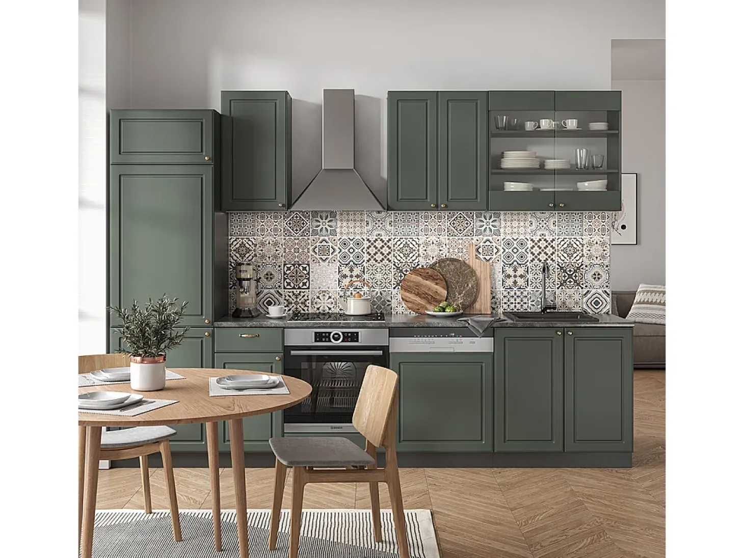 Mueble de cocina verde-dorado casa de campo/antracita 300x60x81.6 fame-line