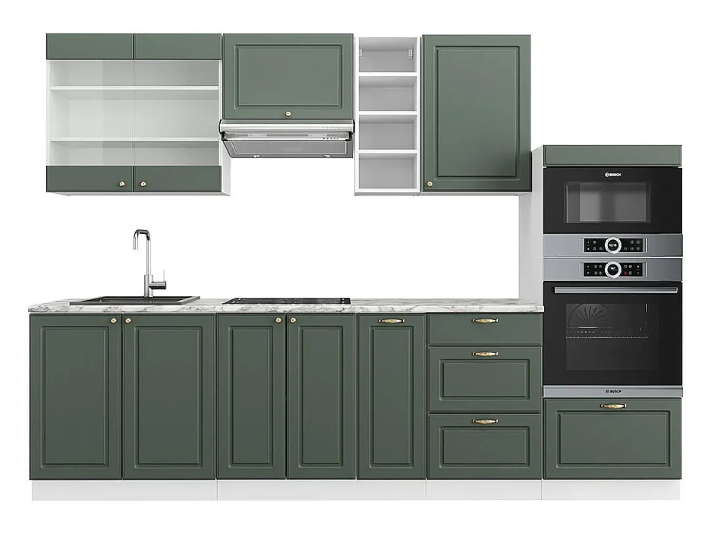 Mueble de cocina verde-dorado casa de campo/blanco 280x46x81.6 fame-line