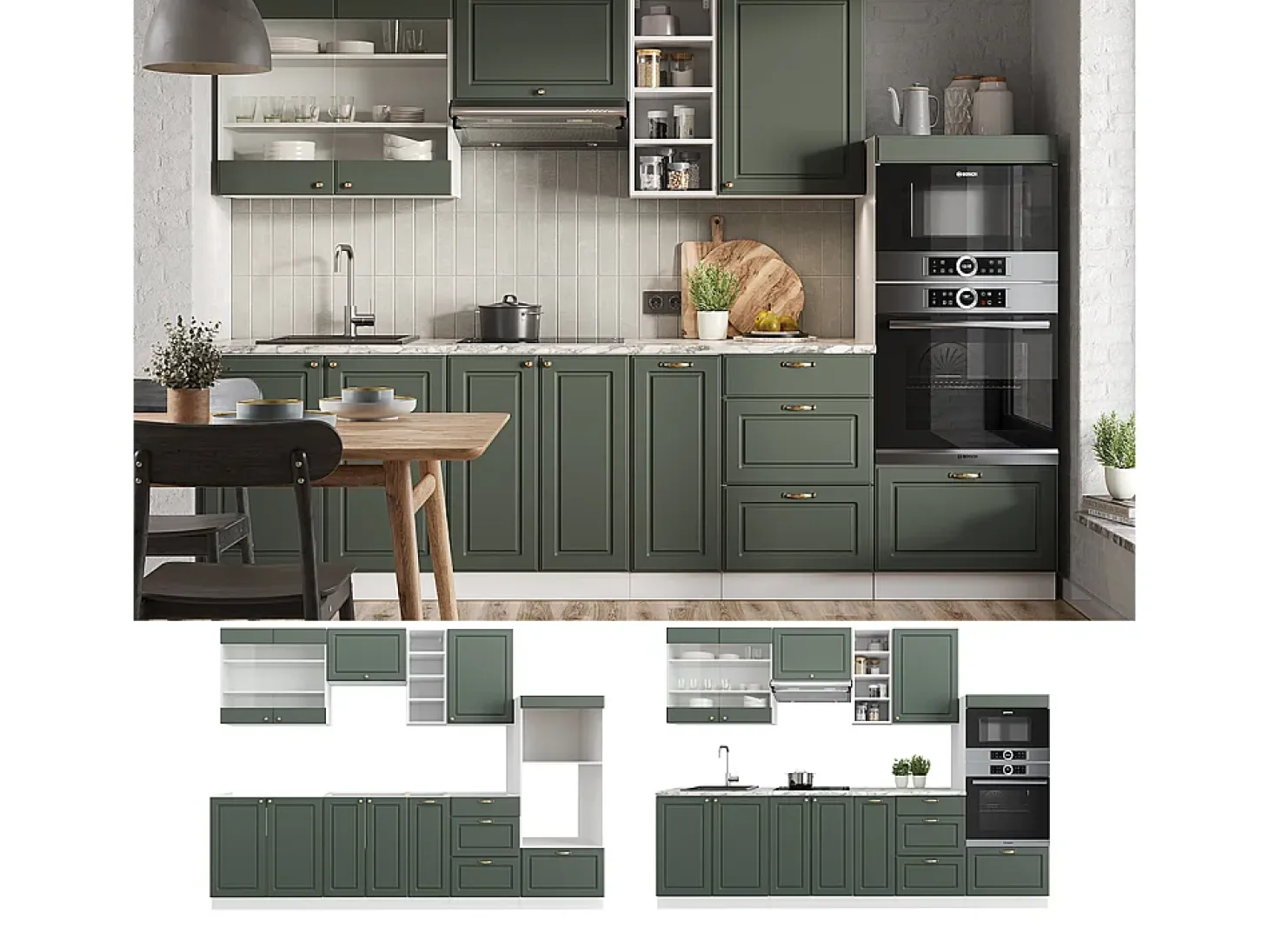 Mueble de cocina verde-dorado casa de campo/blanco 280x46x81.6 fame-line