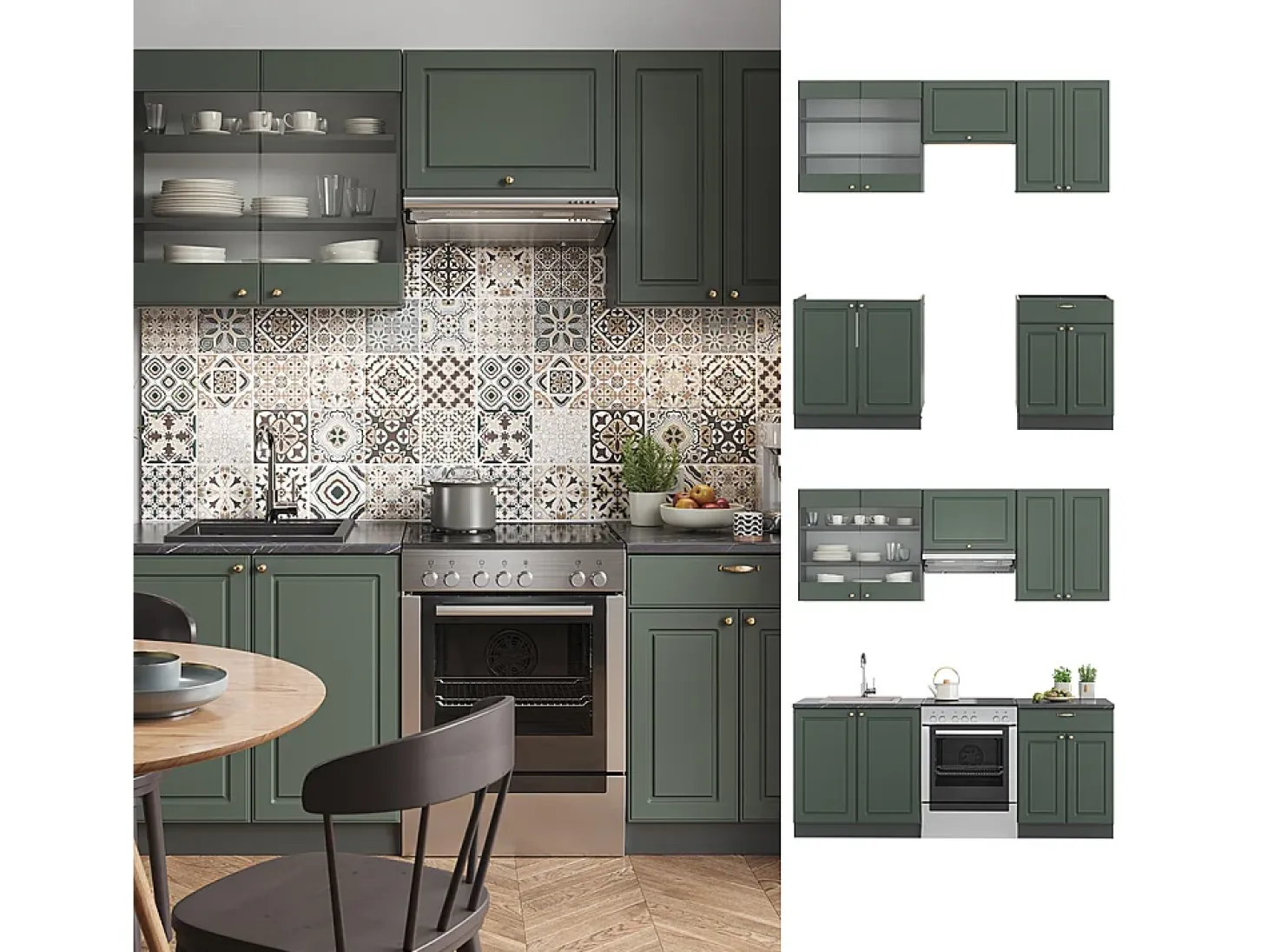 Mueble de cocina verde-dorado casa de campo/antracita 200x60x81.6 fame-line