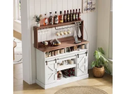 Mueble de cocina 120x40x130cm - con USB y enchufe - con alacena para vino - 2 puertas correderas - estilo rústico - Blanco