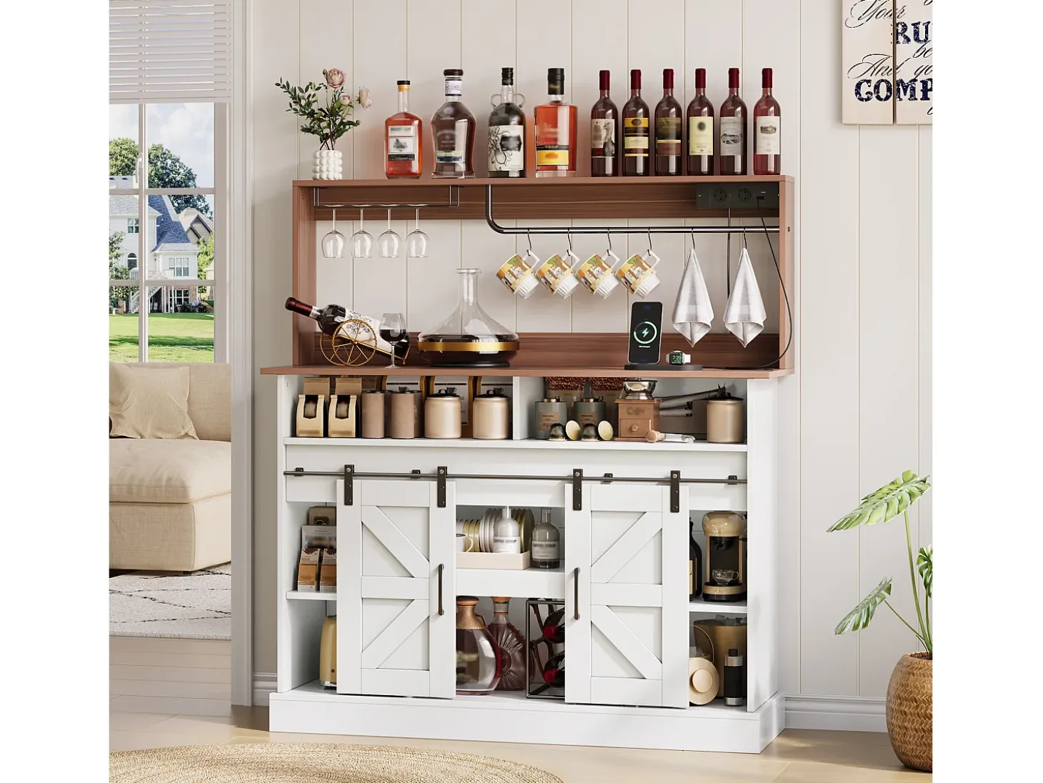 Mueble de cocina 120x40x130cm - con USB y enchufe - con alacena para vino - 2 puertas correderas - estilo rústico - Blanco
