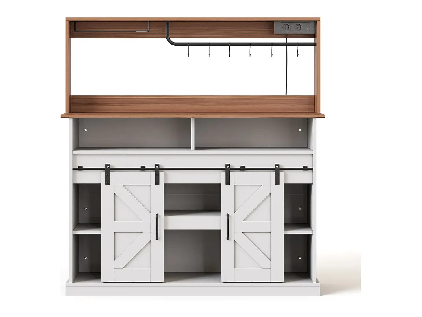 Mueble de cocina 120x40x130cm - con USB y enchufe - con alacena para vino - 2 puertas correderas - estilo rústico - Blanco