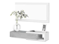 Mueble de Entrada Reversible con Espejo y 1 Cajón Color Blanco ártico/Cemento - 19 x 95 x 26 cm